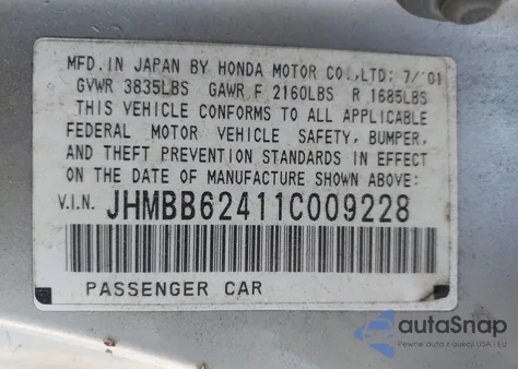 2001 Honda Prelude z USA, uszkodzony, nr VIN JHMBB62411C009228